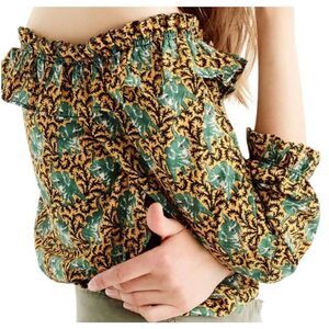 New J. Crew Women’s Ratti Elephant Print Blouse Cotton Green Yellow size 2